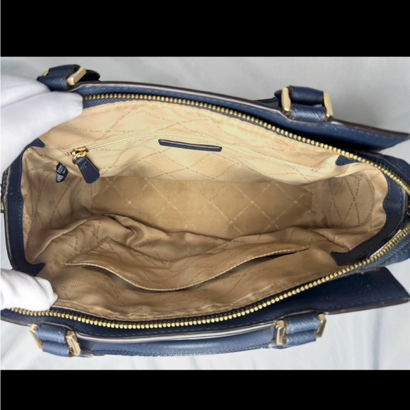 Michael Kors Navy MK Logo Satchel with Gold-Tone Hardware - Picture 10 of 14